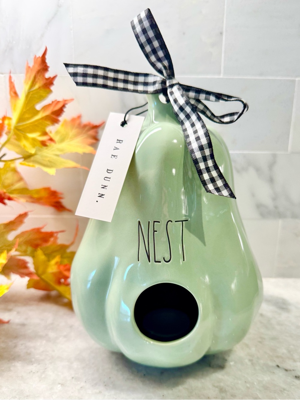 New Rae Dunn Fall Autumn NEST Green Pumpkin Ceramic Bird House Home Decor - 8”